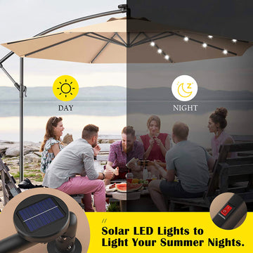 10 フィート スチール カンチレバー ソーラー LED オフセット 屋外パティオ傘 ベージュ